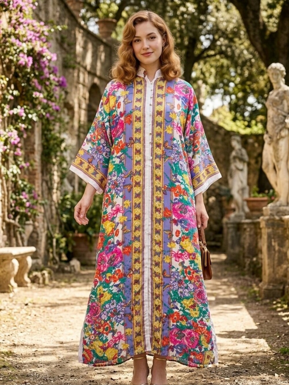 Vintage Ruth Norman Neiman Marcus Gold Pink Floral Caftan Maxi Dress Large